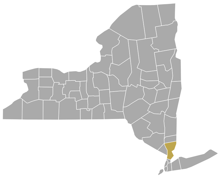 New York State with all counties outlined and Westchester County highlighted